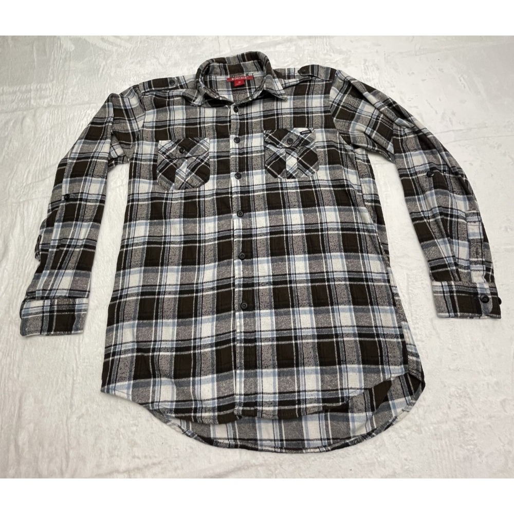 Montage LS Flannel Shirt Mens M Brown White Blue‎ Plaid Pattern Pockets